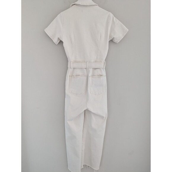 Good American Utility White Denim Belted Short Sleeve Jumpsuit Women's Size 0 - Picture 2 of 12